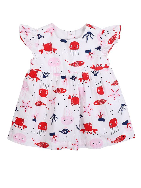 Girls White & Red Short Sleeve Printed Dress image number 0